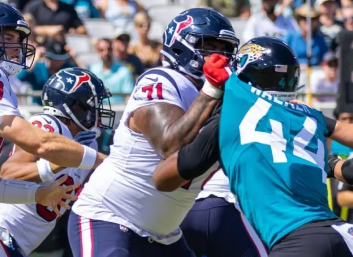 #71 TYTUS HOWARD # 44 TRAVON WALKER at HOUSTON TEXANS VS JACKSONVILLE JAGUARS OCTOBER 9^ 2022 at TIAA BANK FIELD JACKSONVILLE FLORIDA D'Avril Grant