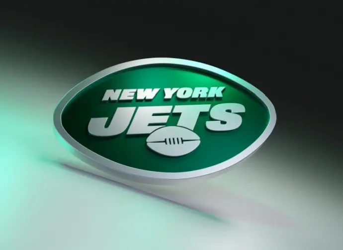 New York Jets logo on dark background with shiny details. 3D render. MUENSTER^ GERMANY - June 03^ 2023