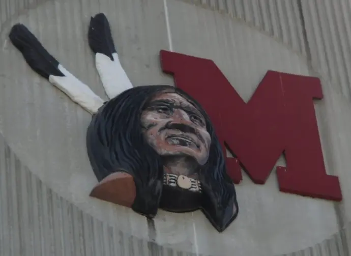 Miami University Yager Stadium college football^ the old Redskins team logo on the outside of the stadium replaced by the Redhawks May 30^ 2016 Oxford^ OH
