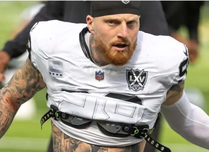 Las Vegas Raiders defense end Maxx Crosby #98 warms up prior to an NFL football game against the Los Angeles Rams at SoFi Stadium^ Oct. 20^ 2024^ in Inglewood^ Calif.