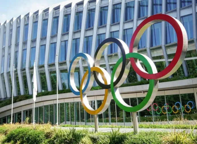 Headquarters International Olympic Committee. Olympic rings. Lausanne^ Switzerland - June 2022
