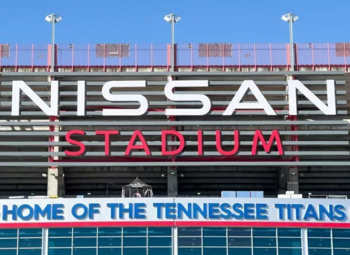 Nissan Stadium is mainly home to the NFL's Tennessee Titans but also hosts other football and soccer games^ concerts^ and events. Located across Cumberland River. Nashville^ TN^ USA - March 10^ 2024