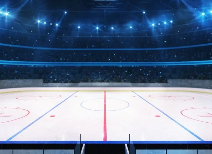 Grand ice hockey rink and illuminated indoor arena with fans^ tribune side view^ professional hockey sport 3D render illustration background
