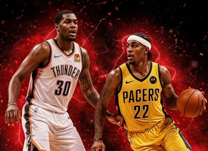 NBA Finals^ basketball players in Thunder and Pacers jerseys^ attacking pose. The scene is enhanced with red sparkling effects that glow as a backlight. The entire composition is set against a black background^ creating a striking contrast.