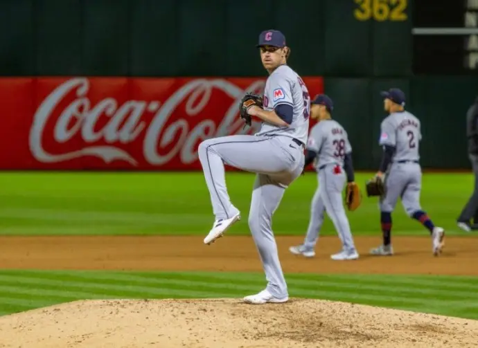 Cleveland Guardians pitcher Shane Bieber pitches against the Oakland Athletics on Opening Day at the Oakland Coliseum. Oakland^ California - March 28^ 2024