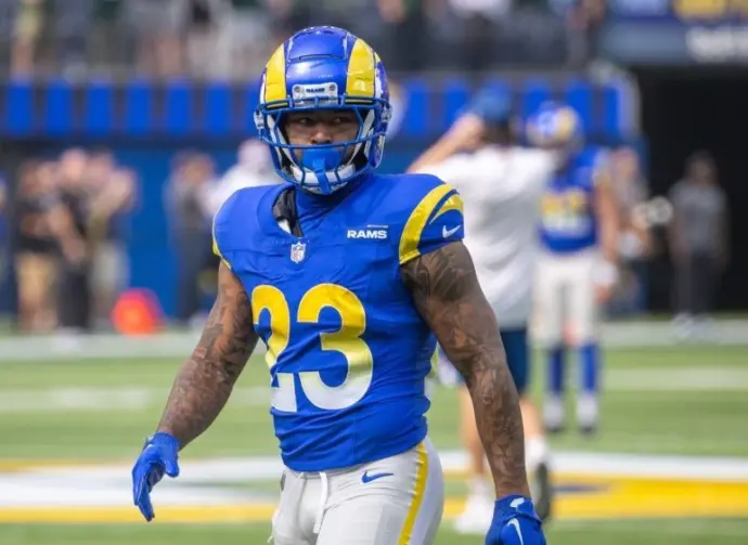 Los Angeles Rams running back Kyren Williams #23 warms up prior to an NFL football game against the Green Bay Packers at SoFi Stadium^ Sunday^ Oct. 6^ 2024^ in Inglewood^ Calif.