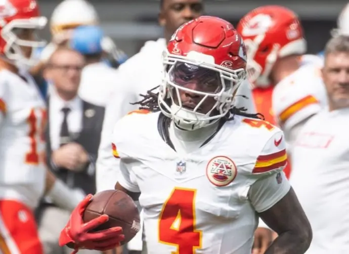 KC Chiefs wide receiver Rashee Rice #4 warms up prior to an NFL football game against the LA Chargers at SoFi Stadium^ Aug. 17^ 2024^ in Inglewood^ Calif.