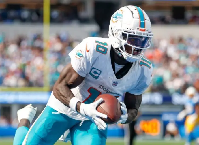 Miami Dolphins wide receiver Tyreek Hill (10) in actions during an NFL football game against the Los Angeles Chargers^ Sept. 10^ 2023^ in Inglewood^ Calif.