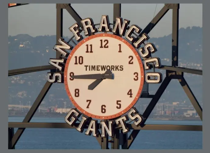 San Francisco Giants Scoreboard Clock by TimeWorks displaying the time of about 7:45pm during a game at ATT Park in San Francisco^ California. San Francisco - May 11^ 2010
