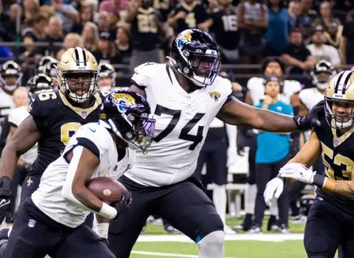 #74 CAM ROBINSON JACKSONVILLE JAGUARS VS NEW ORLEANS SAINTS WEEK 7 OCTOBER 19^ 2023 CAESARS SUPERDOME NEW ORLEANS LOUISIANA