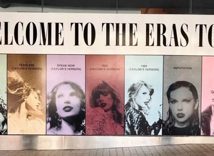 Taylor Swift's promotional banner for the Eras Tour Australia^ showcased near Universal Music Studio in Sydney. Sydney^ Australia - February 13^ 2024