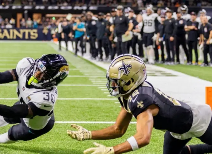 30 MONTARIC BROWN 12 CHRIS OLAVE JACKSONVILLE JAGUARS VS NEW ORLEANS SAINTS WEEK 7 OCTOBER 19^ 2023 CAESARS SUPERDOME NEW ORLEANS LOUISIANA