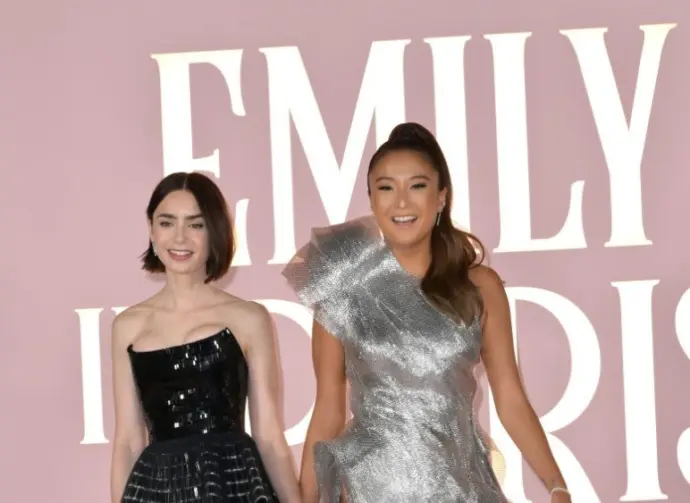 Lily Collins and Ashley Park at the premiere for season 4 of Emily in Paris at the Egyptian Theatre. LOS ANGELES^ USA. August 14^ 2024