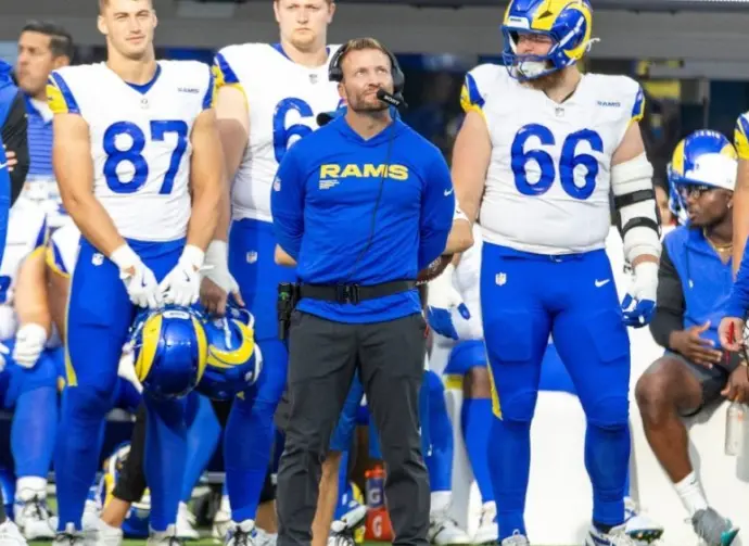 Rams head coach Sean McVay watches during an NFL preseason football game against the Cowboys at SoFi Stadium^ Saturday Aug. 9^ 2025^ in Inglewood^ Calif.