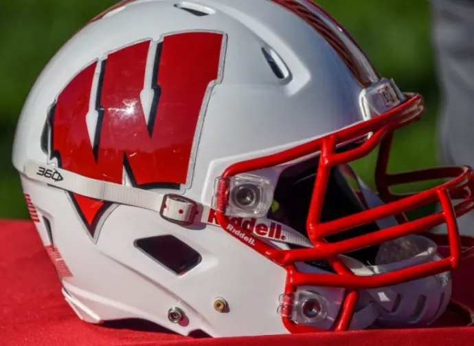 Chicago^ IL September 25^ 2021^ University of Wisconsin Badgers college football helmet^ red and white^ W logo^ American Football^ Big Ten