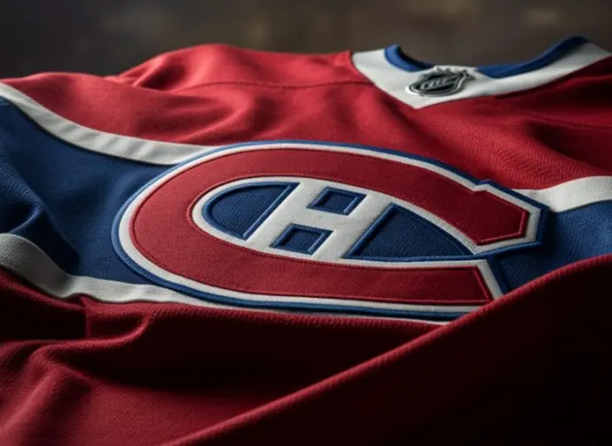 dramatic low angle Close up of Montreal Canadiens jersey^ crumpled^ dramatic lighting ((This content was generated by an Artificial Intelligence (AI) system.)