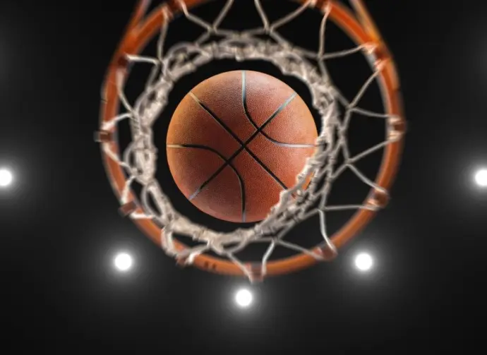 3d rendering basketball on hoop and lighting from roof stadium