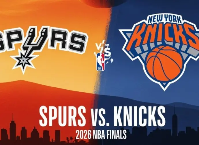 Print that states the spurs vs. the knicks for the 2026 basketball finals. Displays logos for both teams on orange/blue background. (This content was generated by an Artificial Intelligence (AI) system.)