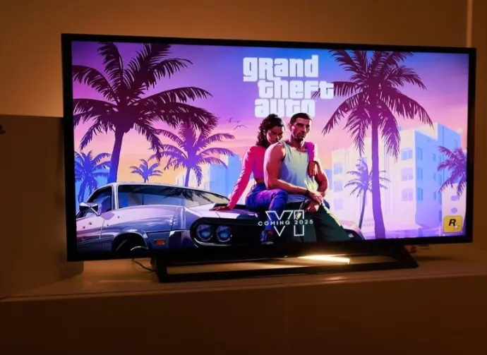PlayStation 5. New Grand Theft Auto VI Sony PS5 console. Dualsense controller. Man holding joystick and ready to play upcoming GTA 6 game