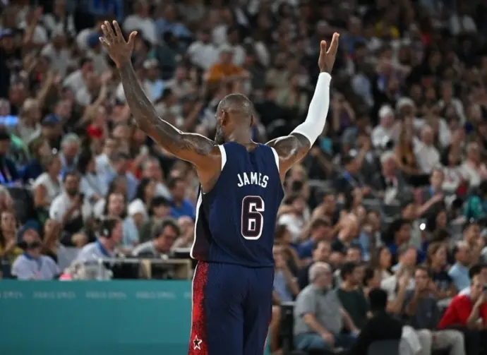 LeBron James shown during Olympic Games match between the United States and Brazil at the Bercy Arena in Paris-France^ August 6^ 2024