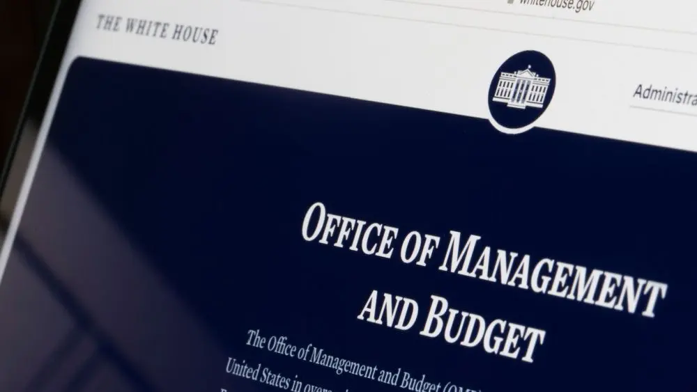 Closeup of the webpage of the Office of Management and Budget (OMB) seen on the White House's website on a computer.