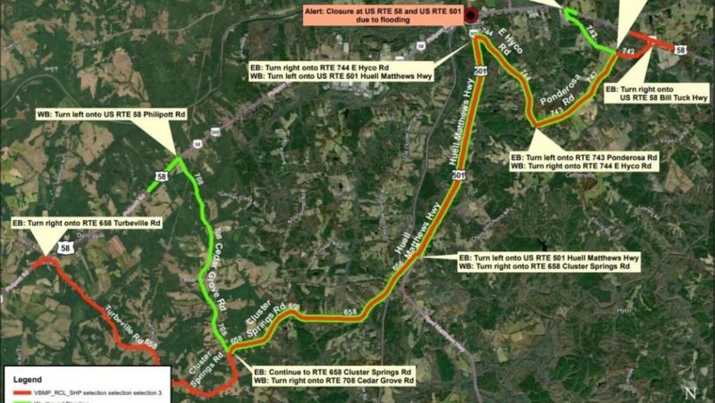 Potential Road Closures/Detour Route 58 & 501 in Halifax County