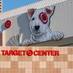 Target Center exterior and logo. Target Center is a multi-purpose arena and home of the Minnesota Timberwolves.