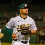 Oakland Athletics third baseman J.D. Davis during a game against the Cleveland Guardians on Opening Day at the Oakland Coliseum. Oakland^ California - March 28^ 2024