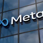 Meta corporation headquarters glass building concept. Metaverse facebook virtual reality network company symbol on front facade 3d illustration. Menlo Park^ USA^ May 5^ 2023