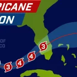 Hurricane Milton map. Movement map. Storm track^ forecast. Weather warning. Vector illustration.