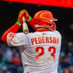 San Francisco Giants designated hitter Joc Pederson bats against the Los Angeles Dodgers at Oracle Park. April 11^ 2023 - San Francisco