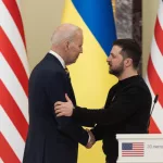 U.S. President Joe Biden and Ukraine's President Volodymyr Zelenskiy attend a joint news briefing^ amid Russia's attack on Ukraine. Kyiv^ Ukraine February 20^ 2023.