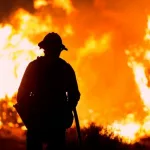 A firefighter watches as the Bobcat Fire burns in Juniper Hills^ California^ Saturday^ Sept. 19^ 2020.