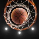 3d rendering basketball on hoop and lighting from roof stadium
