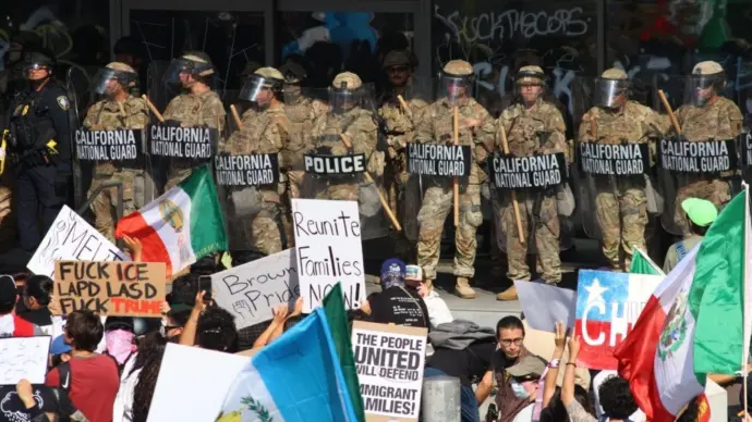 The National Guard is seen guarding the federal building during the ICE Protest in Downtown Los Angeles. Los Angeles^ California United States - June 09 2025