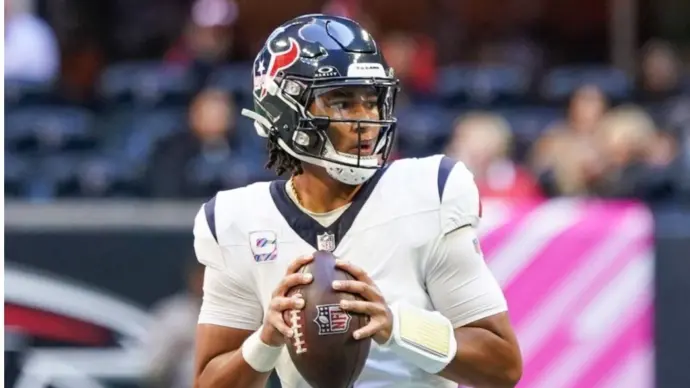 Houston Texans quarterback C.J. Stroud (7) looks to throw the ball during the game against the Atlanta Falcons on October 8^ 2023 at Mercedes-Benz Stadium in Atlanta^ Georgia.