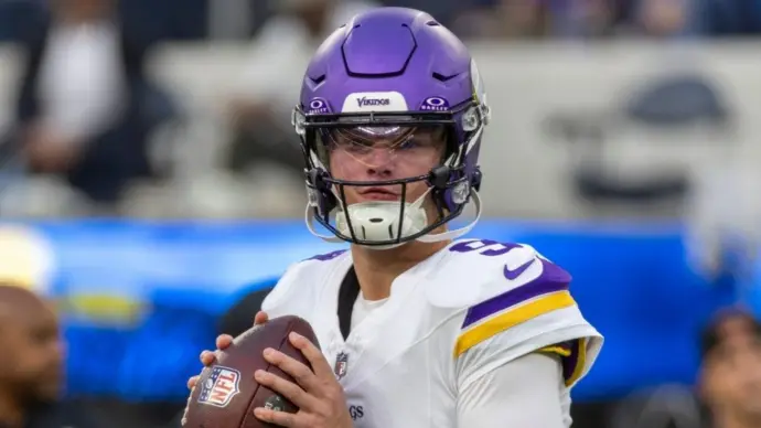 Minnesota Vikings quarterback J.J. McCarthy #9 warms up prior to an NFL football game against the Los Angeles Chargers Oct. 23^ 2025^ in Inglewood^ Calif.