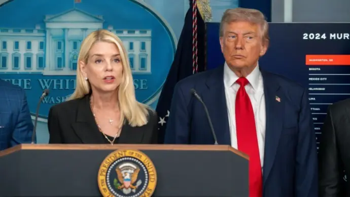 Attorney General Pam Bondi Speaks during President Donald Trump press briefing to announce he is invoking the Home Act Washington DC^ United States^ August 11 2025