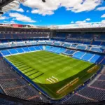 Panoramic view of Santiago Bernabéu Stadium pitch and stands during Tour del Bernabéu. Madrid^ Spain - April 24^ 2016