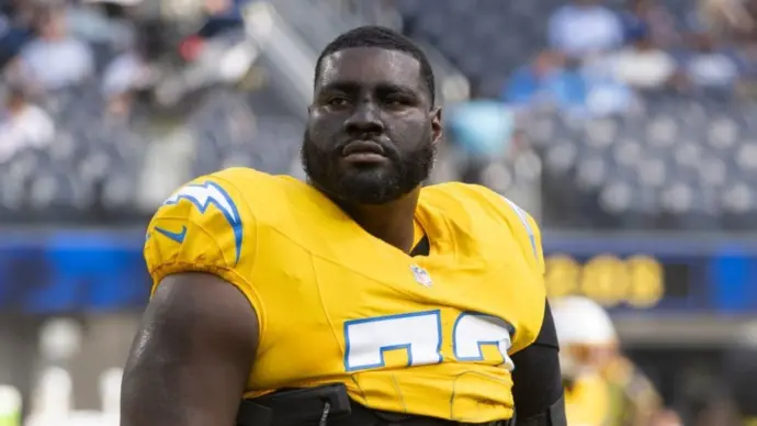 Los Angeles Chargers guard Mekhi Becton Sr. #73 warms up prior to an NFL football game against the Indianapolis Colts at SoFi Stadium^ Oct. 19^ 2025^ in Inglewood^ Calif.