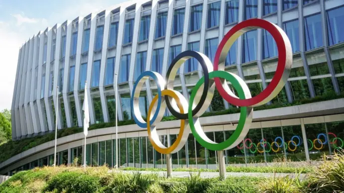 Headquarters International Olympic Committee. Olympic rings. Lausanne^ Switzerland - June 2022