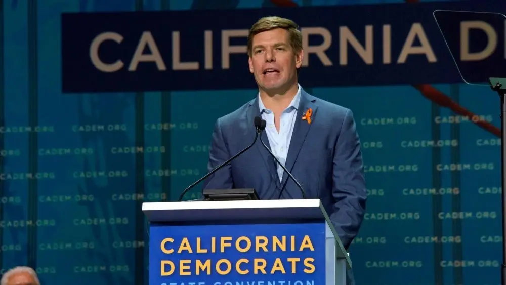 Presidential candidate Eric Swalwell^ Congressman^ speaking at the Democratic National Convention inside Moscone center. San Francisco^ CA - June 01^ 2019