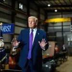 President Donald Trump delivered a nearly 90-minute speech at the Coosa Steel Corporation focusing on his second term economic agenda and the impact of his trade policies. Rome^ Georgia. February 19^ 2026