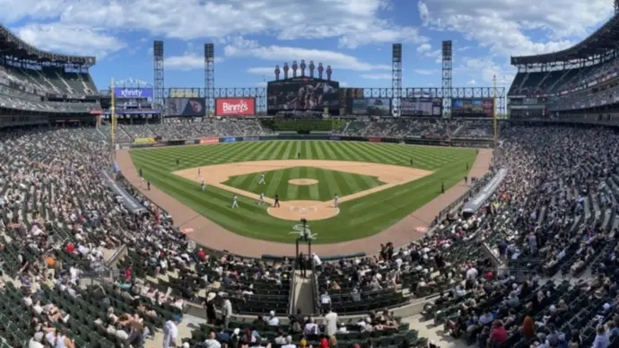 Guaranteed Rate Field panorama^ home of the Chicago White Sox. Guaranteed Rate Field replaced Comiskey Park in 1991. Chicago - May 12^ 2024