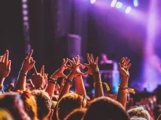 crowd partying stage lights live concert summer music festival