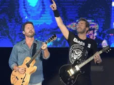 Guitarists Chad Kroeger and Ryan Peake of Canadian rock band Nickelback during a concert at Rock in Rio 2019 in Rio de Janeiro. October 6^ 2019.