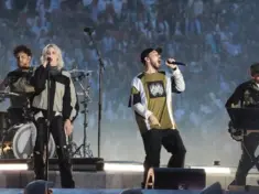 Linkin Park with lead singer Emily Marcia Armstrong perform on stage during the 2025 UEFA Champions League Final Opening ceremony at Munich arena in Munich Munich^ Germany - May 31^ 2025