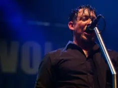 Singer and guitar player Michael Poulsen of Danish Heavy Metal rock band Volbeat performs on stage during the Gigantour tour on February 21^ 2012 in Kent^ Washington.