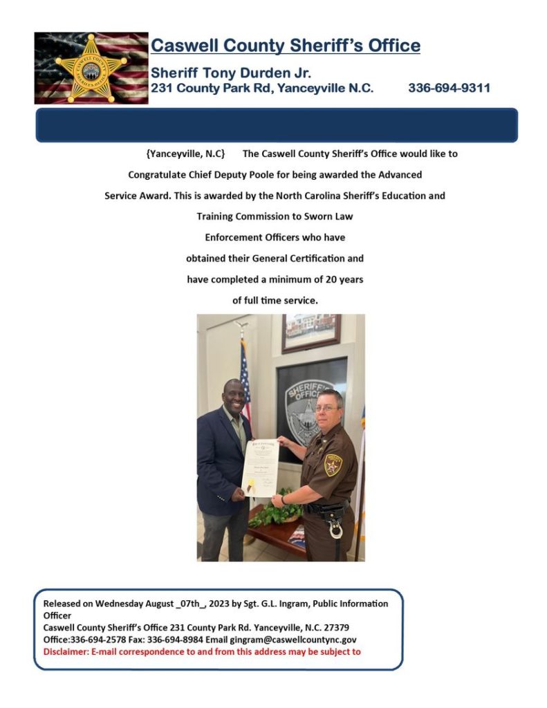 Caswell County Deputy Receives Advanced Service Award - Vimarsana News