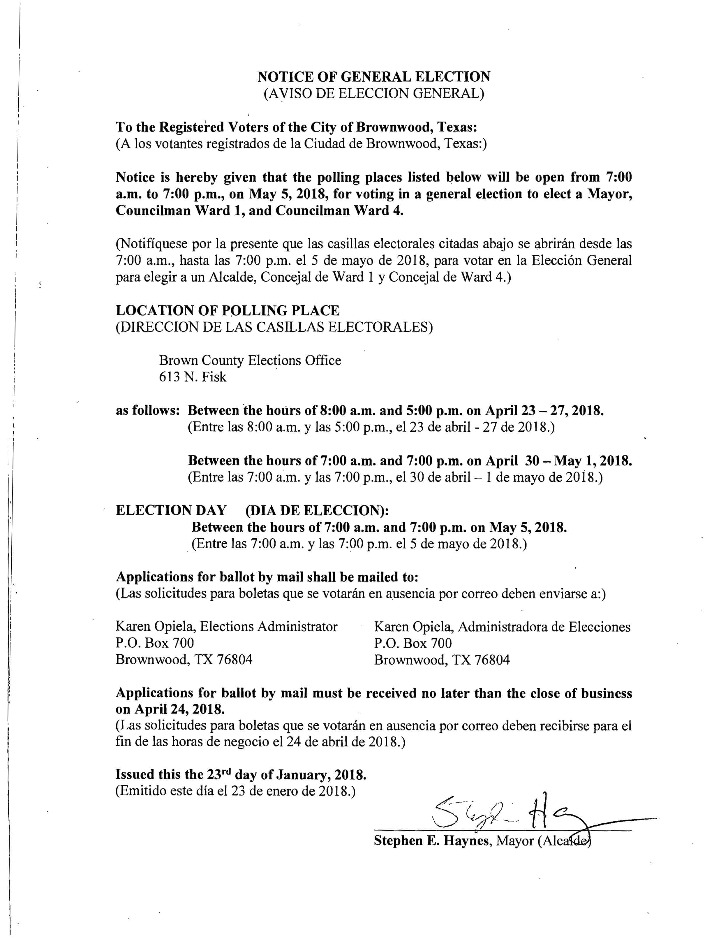 Notice Of Election Signed 18 Brownwood News